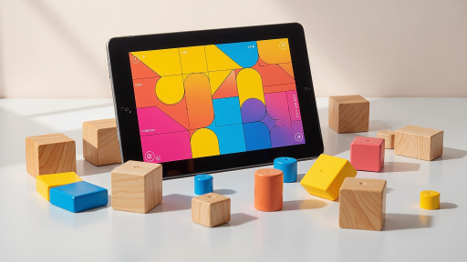 休闲益智游戏界面，显示彩色方块拼图，游戏画面简洁清新，包含进度条和分数显示